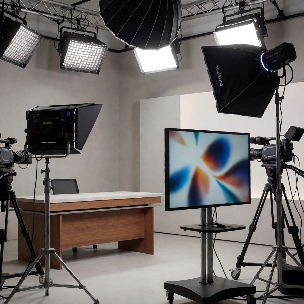 OB视讯演播室内部环境，专业灯光与摄像设备布置